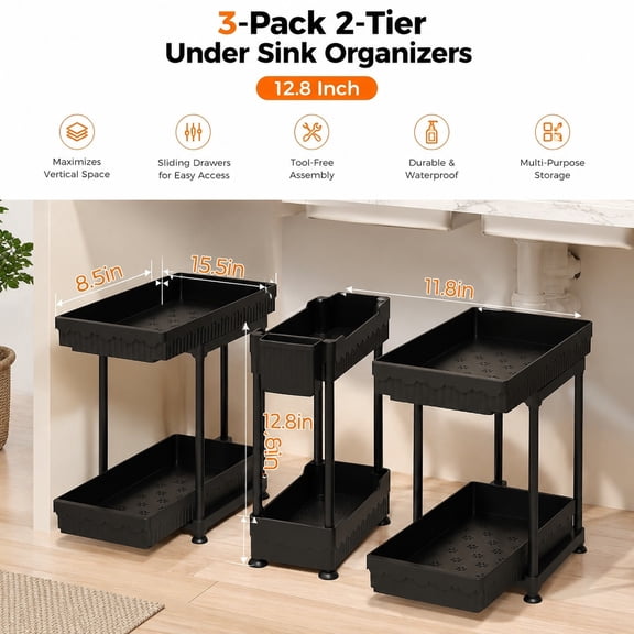 3 Pack Under Sink Organizer, 2 Tier Pull Out Cabinet Organizer, Sliding Storage Shelf for Bathroom and Kitchen, Space Saving 12.8 Inch