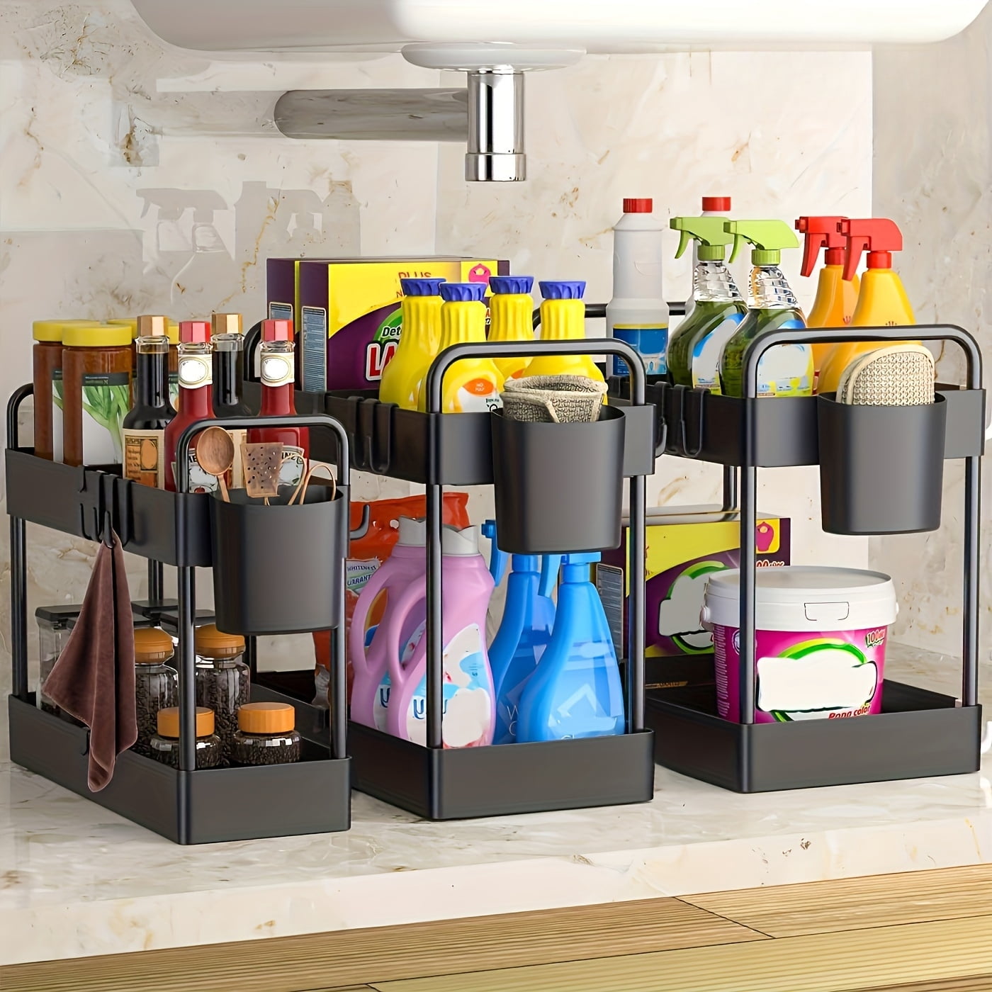 3-Pack Under Sink Storage Organizer, 2-Tier Multipurpose Shelf with Sliding Drawers, Cabinet Organizer for Kitchen and Bathroom, Black