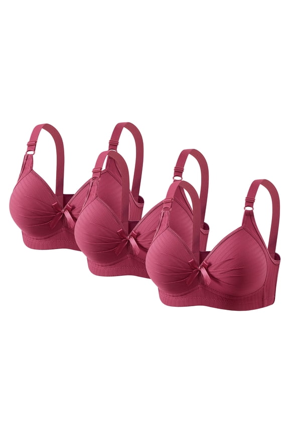 3 Pack Underwire Bras For Women Deep V Solid Color Pleated Bralettes Push Up Supportive Plus Size Bras With Bow (3XL, Wine)