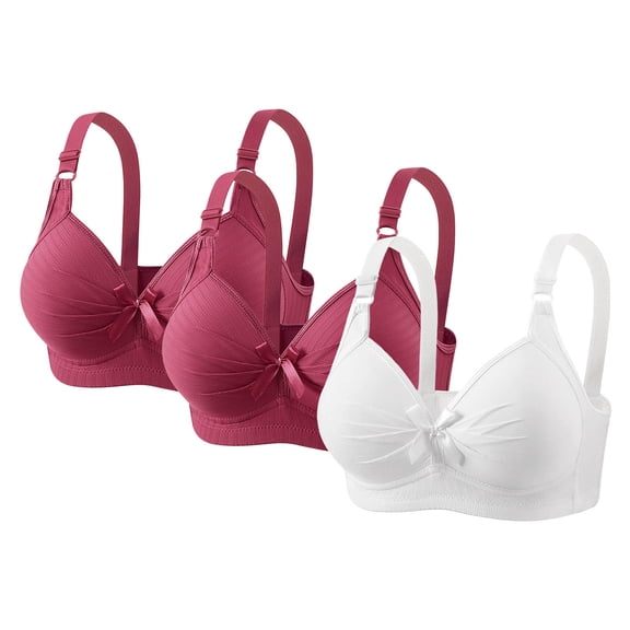 3 Pack Underwire Bras For Women Deep V Solid Color Pleated Bralettes Push Up Supportive Plus Size Bras With Bow (4XL, White,2*Wine)