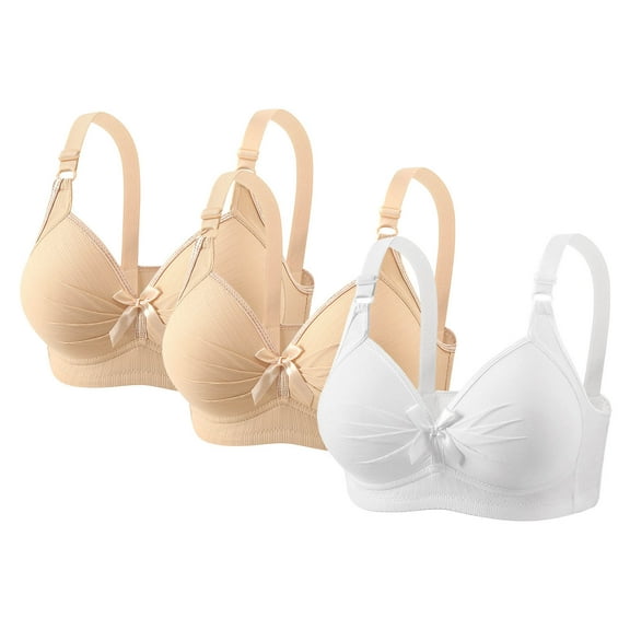 3 Pack Underwire Bras For Women Deep V Solid Color Pleated Bralettes Push Up Supportive Plus Size Bras With Bow (M, White,2*Beige)