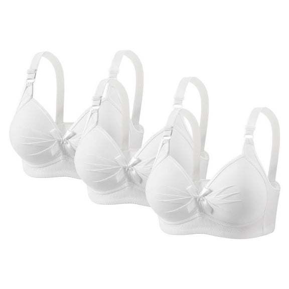 3 Pack Underwire Bras For Women Deep V Solid Color Pleated Bralettes Push Up Supportive Plus Size Bras With Bow (M, White)