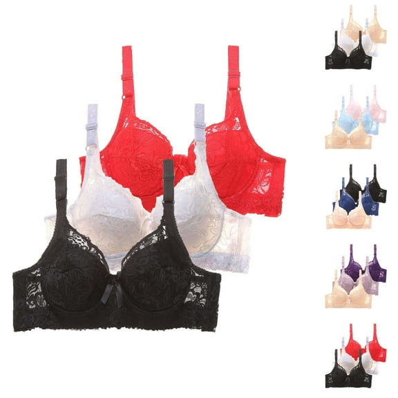3 Pack Underwire Bras for Women Cute Lace Bow Design Adjustable Straps Racerback Push Up Bralettes Everyday Bra