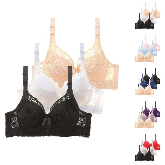 3 Pack Underwire Bras for Women Cute Lace Bow Design Adjustable Straps Racerback Push Up Bralettes Everyday Bra