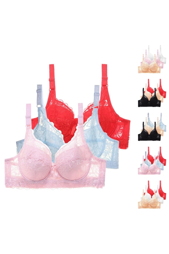 3 Pack Underwire Bras for Women Cute Lace Bow Design Racerback Push Up Bra Adjustable Straps Bralettes Everyday Bra