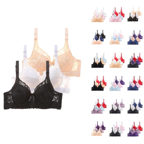 3 Pack Underwire Bras for Women Elegant Floral Lace Adjustable Strap Push Up Bra Everyday Bra