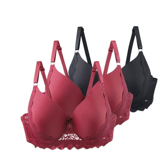 3 Pack Underwire Bras for Women Solid Color Deep V Lace Bralettes Comfortable Breathable Supportive Everyday Underwear (115C, Black,2*Red)