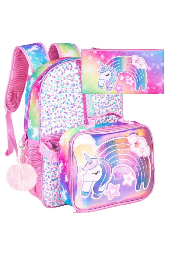 3-Pack Unicorn Backpack Set for Girls, 16-Inch Sequin Bookbag with Matching Lunch Box, Sparkle School Bag Set for Elementary & Toddler Kids