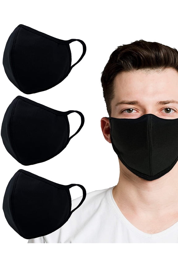 3 Pack Unisex 3D Fashion 3 Layer Lightweight Cotton Fabric Face Mask, Reusable, Washable, Water-Resistant - Black