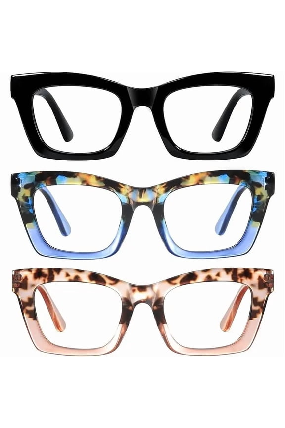 3 Pack Unisex Cat Eye Full Rim Reading Glasses, Oprah Style Oversized Square Blue Light Blocking UV Protection TAC Lens, PA Plastic Lightweight Frame Flexible Spring Hinge Fashion Presbyopia Readers