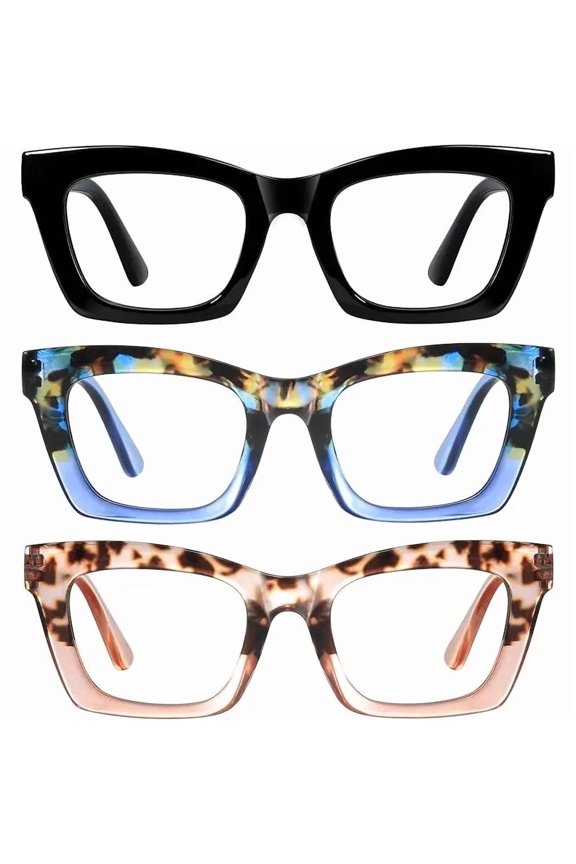 3 Pack Unisex Cat Eye Full Rim Reading Glasses, Oprah Style Oversized Square Blue Light Blocking UV Protection TAC Lens, PA Plastic Lightweight Frame Flexible Spring Hinge Fashion Presbyopia Readers