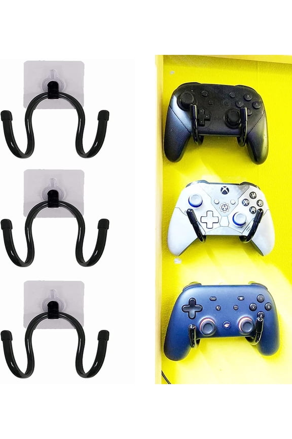 3 Pack Universal Self-Adhesive Game Controller Wall Mount Storage Organizer Stand Holder Hanger for Xbox One PS4 Switch Pro Controller,Headphone,Cables,etc - No Drilling, , Stick on