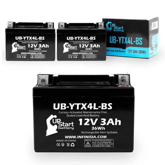 3-Pack UpStart Battery Replacement for 2005 Bombardier (Can-Am) DS50, Quest 50CC Factory Activated, Maintenance Free, ATV Battery - 12V 3Ah, UB-YTX4L-BS
