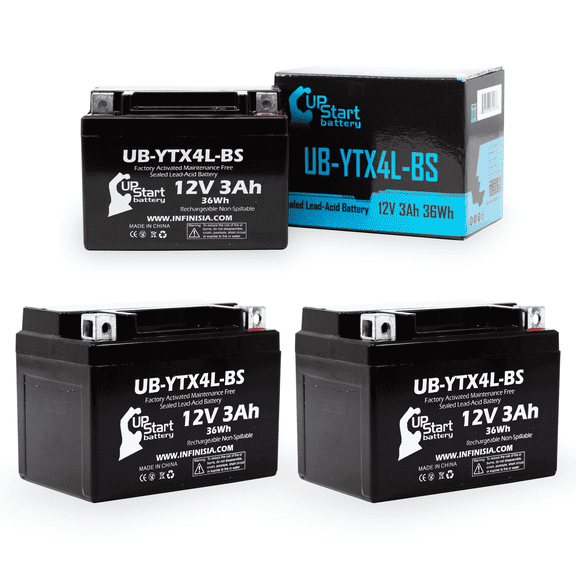 3-Pack UpStart Battery Replacement for 2010 SYM RS50 50CC Factory Activated, Maintenance Free, Scooter Battery - 12V 3Ah, UB-YTX4L-BS