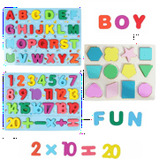 3 Pack Upper Case Alphabet Letter Puzzles for Toddlers, Number, Shape ,Wooden Puzzle Learning Board Toy Ideal for Early Educational Learning for Kindergarten Toddlers & Preschools