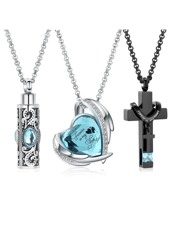 3 Pack Urn Necklace for Ashes Hear / Cylinder / Cross Urn Necklace for Human / Pet Cremation Jewelry for Ashes Memorial Keepsake Birthstone Pendant