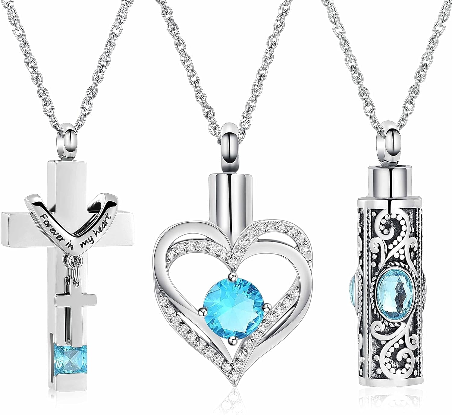 3 Pack Urn Necklace for Ashes for Women Gilrs Heart Cross Cylinder Cremation Jewelry for Ashes Memorial Keepsake Birthstone Pendant
