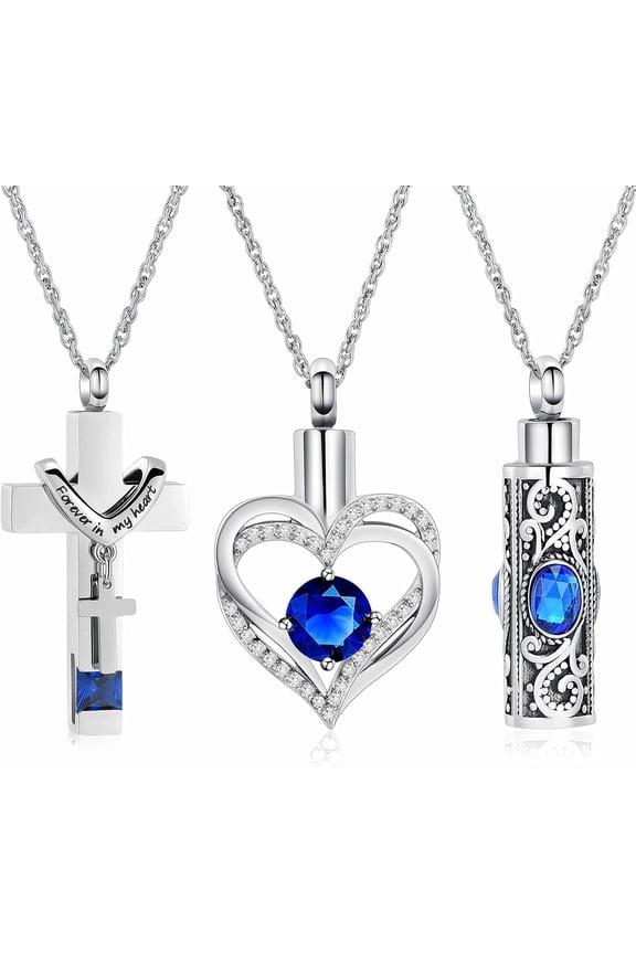 3 Pack Urn Necklace for Ashes for Women Gilrs Heart Cross Cylinder Cremation Jewelry for Ashes Memorial Keepsake Birthstone Pendant