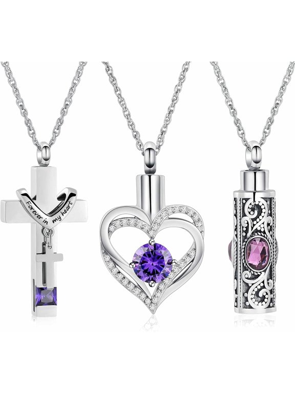 3 Pack Urn Necklace for Ashes for Women Gilrs Heart Cross Cylinder Cremation Jewelry for Ashes Memorial Keepsake Birthstone Pendant