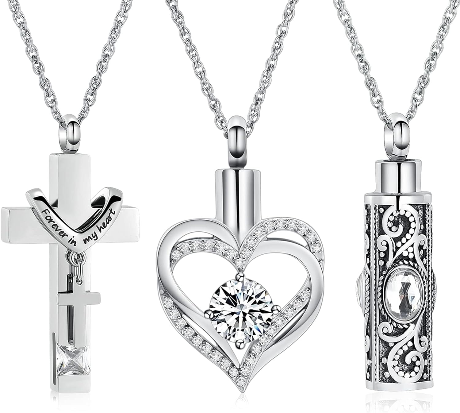 3 Pack Urn Necklace for Ashes for Women Gilrs Heart Cross Cylinder Cremation Jewelry for Ashes Memorial Keepsake Birthstone Pendant