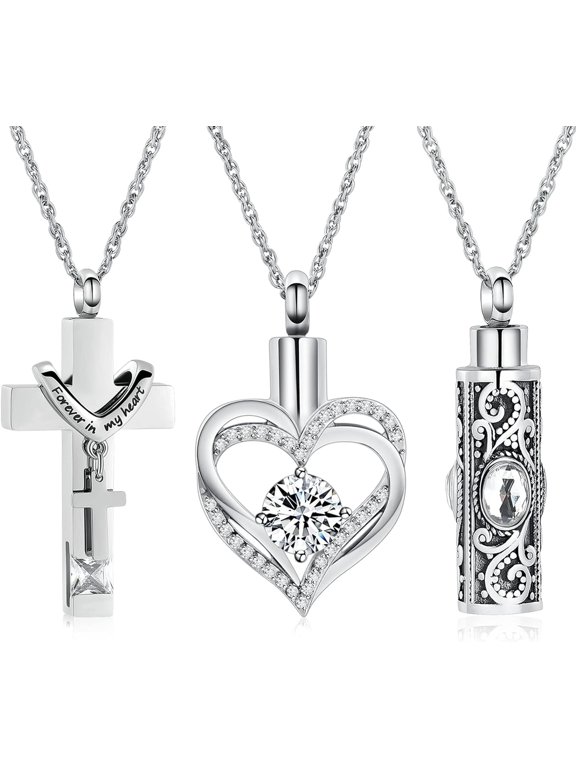 3 Pack Urn Necklace for Ashes for Women Gilrs Heart Cross Cylinder Cremation Jewelry for Ashes Memorial Keepsake Birthstone Pendant