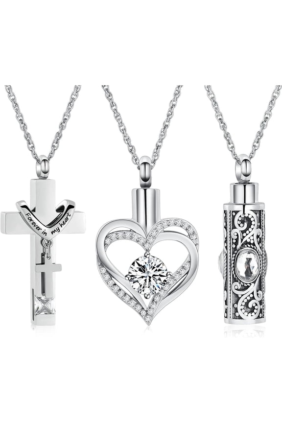 3 Pack Urn Necklace for Ashes for Women Gilrs Heart Cross Cylinder Cremation Jewelry for Ashes Memorial Keepsake Birthstone Pendant