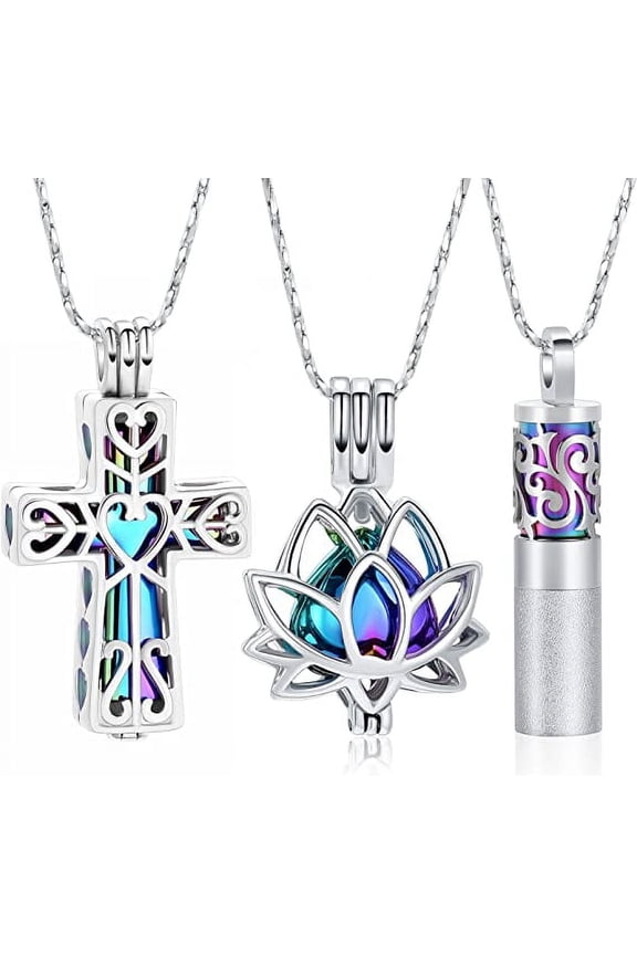3 Pack Urn Necklaces for Ashes Hollow Cross Urn Keepsake Lotus Flower & Cycliner Cremation Jewelry for Ashes