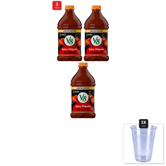 3 Pack | V8 Spicy Chipotle 100% Vegetable Juice, 46 Fl Oz Bottle & 3x Disposable Cup