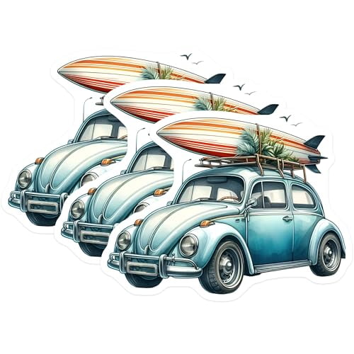 (3 Pack) VW Beetle Decals - Surfboard Car - Retro Car Stickers - 3 Inches On Longest Side - Easy Peel & Apply - Made in USA - 3MCS8064
