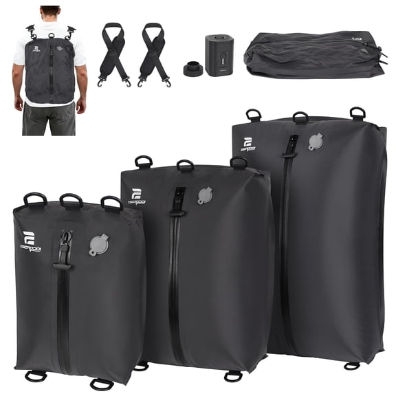 3 Pack Vacuum Bags for Travel with Pump, 3-Size Set Reusable Vacuum Compression Bags for Luggage, Space Saver IP67 Waterproof Vacuum Packing Cubes for Suitcase&Backpack, Black