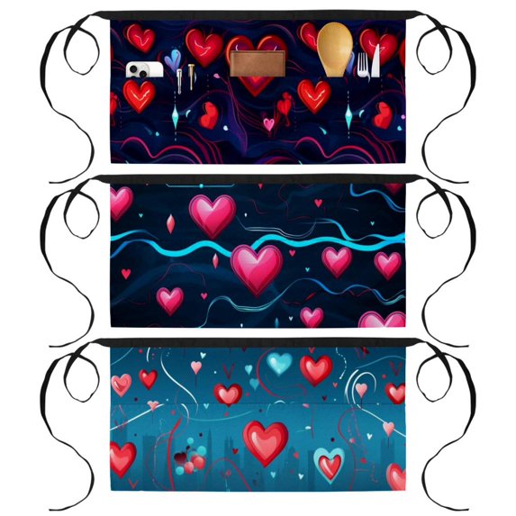 3 Pack Valentine's Day Love Heartbeat Server Aprons with 3 Pockets - Unisex Short/Half Waiter Waist Short Apron