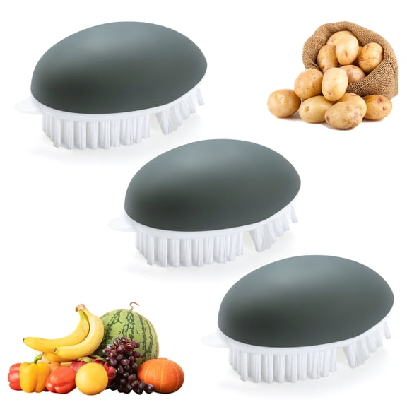 3 Pack Vegetable Brush Potato Scrubber for Food, Kitchen Non-Slip Grip Veggie Brush with Dots Remover, Flexible Bristles Fruit Vegetable Cleaning Brush for Mushroom Carrot Scrub (Gray)