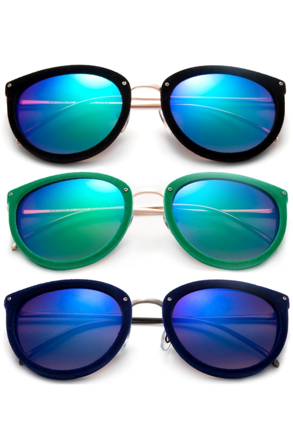 3 Pack Velvet Plastic Cateye Frame Fashion Keyhoel Vintage Sunglasses for Women, Flat Lens with Mirror