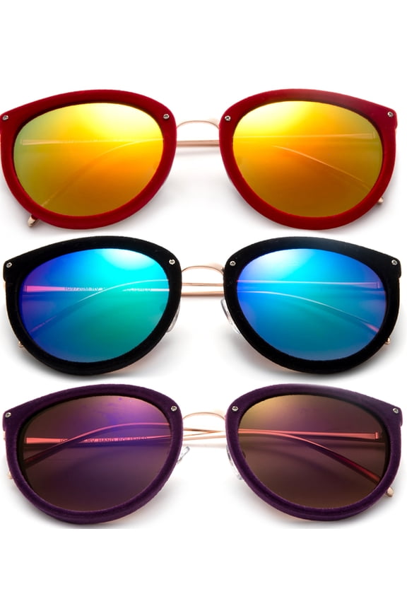 3 Pack Velvet Plastic Cateye Frame Fashion Keyhoel Vintage Sunglasses for Women, Flat Lens with Mirror