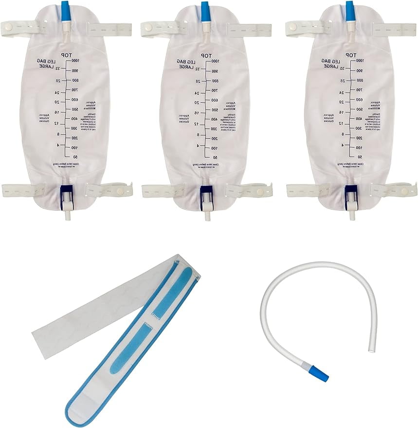 3 Pack ViDava Leg Bag Urinary Drainage Bag, 32 Oz with 18 Tubing, Anti-Reflux Valve, and 1 Deluxe Fabric Leg Bag Strap