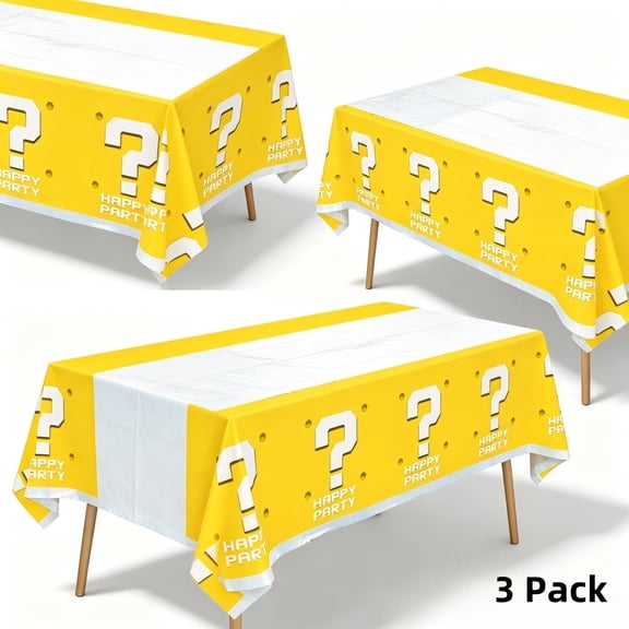 3 Pack Video Game Question Mark Block Disposable Tablecloths, Yellow Plastic Rectangle Table Covers for Game Theme Birthday Party Decor