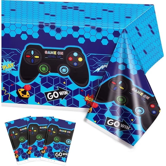 3 Pack Video Game Tablecloth Blue Video Game Table Cover Geek Theme Birthday Party Decorations Supplies for Kids Player, 108 x 54 Inches