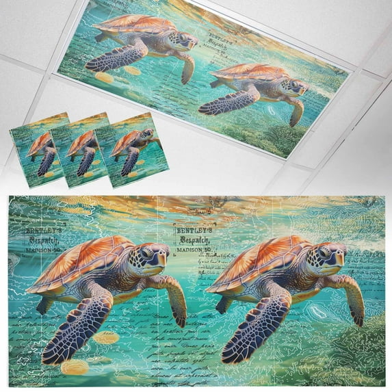 3 Pack Vintage Blue Fluorescent Light Covers for Ceiling Lights Ocean Abstract Sea Turtle Map Magnetic Ceiling Light Covers Overhead Light Filters for Office Classroom Home