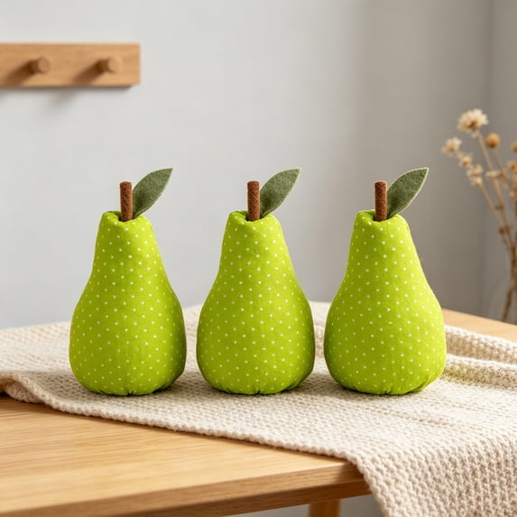 3 Pack Vintage Fabric Pear Decor Set, Stuffed Artificial Fruit Ornament, Soft Faux Fruit Figurine for Table Tray Shelf Centerpiece, Rustic Home Styling Decor for Kitchen Dining Living Room