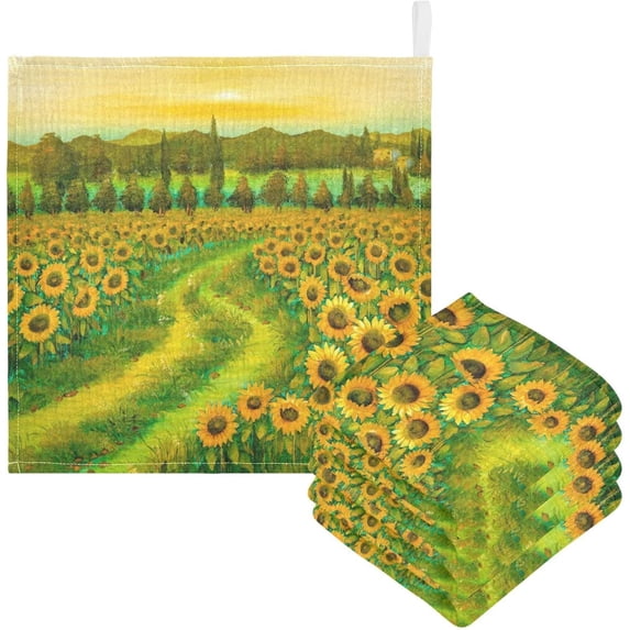 3 Pack Vintage Oil Painting Sunflower Baby Muslin Wash cloths, Retro Flower Field Soft Absorbent Face Towels Burp Cloths Cotton Bath Wipes Infant Wash Cloth for Newborn Boys Girls