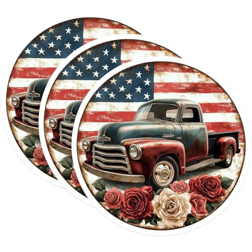 (3 Pack) Vintage Truck Decals - American Flag - Floral Decals - 3 Inches On Longest Side - Easy Peel & Apply - Made in USA - 3MCS0043