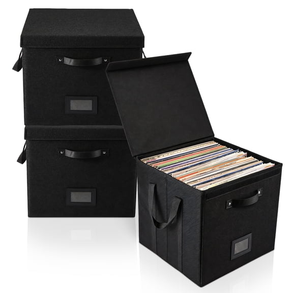 3 Pack Vinyl Record Storage Box, 13 x 13 x 13 in Foldable Nonwoven Fabric Album Organizer with Lid, Handles & Label Frame, Black, Holds 120+ Records
