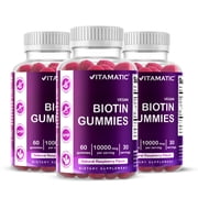 3 Pack Vitamatic Biotin Gummies 10,000 mcg for Stronger Hair, Skin & Nails - 60 Vegan Gummies - Also Called Vitamin B7