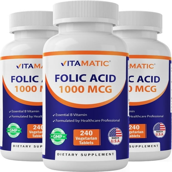 3 Pack - Vitamatic Folic Acid 1000 mcg (1 mg) - 240 Vegetarian Tablets - 1667 mcg DFE - Vitamin B9 (Total 720 Tablets)