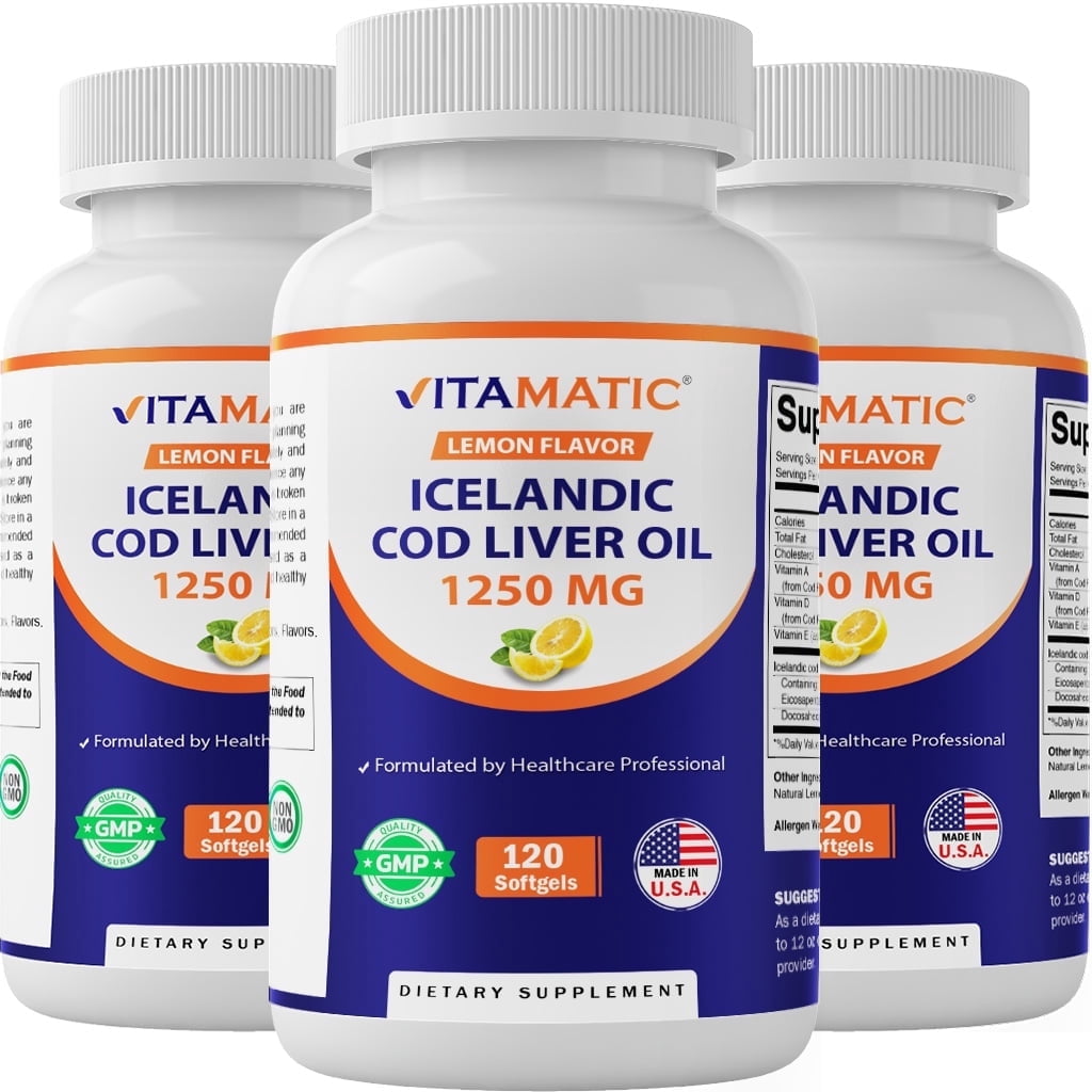 3 Pack - Vitamatic Icelandic Cod Liver Oil 1250mg 120 Softgels (Lemon Flavor) - Promotes Cardiovascular Health