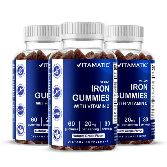 3 Pack Vitamatic Iron Gummies Supplement for Women & Men - 20mg Serving - 60 Vegan Gummies - Great Tasting Iron Gummy Vitamins with Vitamin C (Total 180 Gummies)