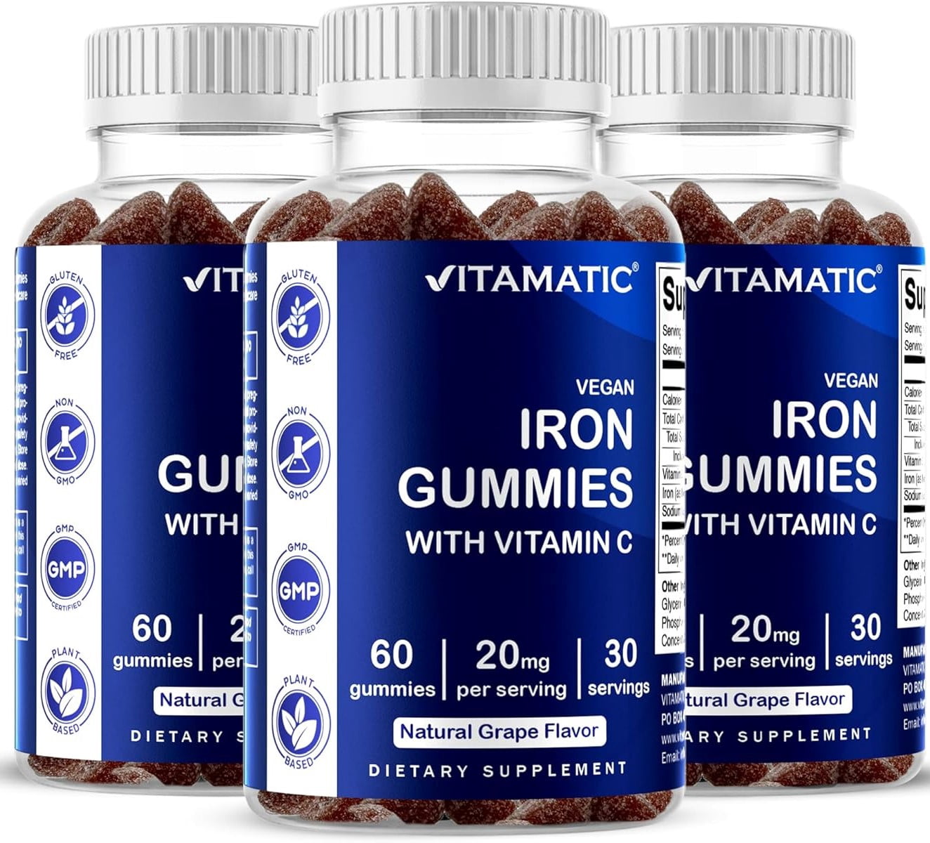 3 Pack Vitamatic Iron Gummies Supplement for Women & Men - 20mg Serving - 60 Vegan Gummies - Great Tasting Iron Gummy Vitamins with Vitamin C (Total 180 Gummies)