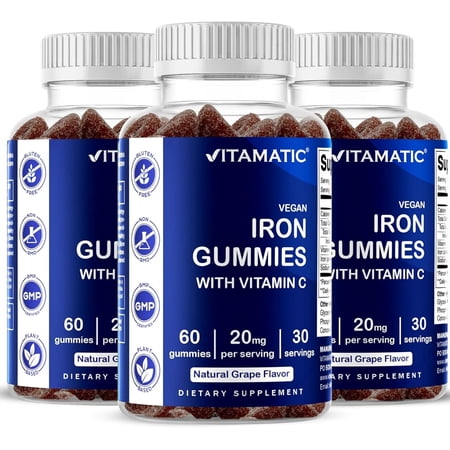 3 Pack Vitamatic Iron Gummies Supplement for Women & Men - 20mg Serving - 60 Vegan Gummies - Great Tasting Iron Gummy Vitamins with Vitamin C (Total 180 Gummies)