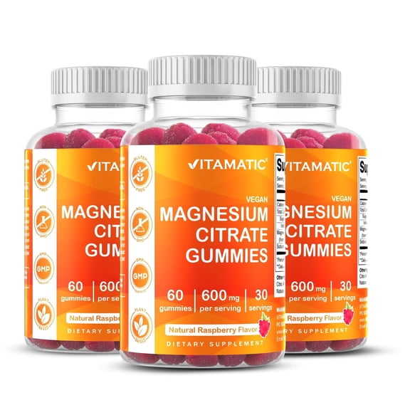 Vitamatic Magnesium Gummies 600mg per Serving - 60 Vegan Gummies - Promotes Healthy Relaxation, Muscle, Bone, & Energy Support  3 pack(180 Count)