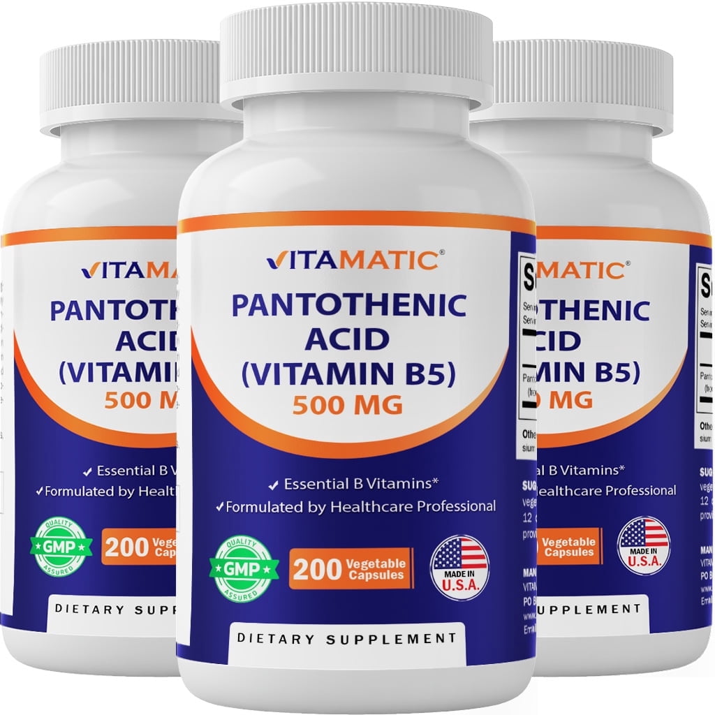 Vitamatic Pantothenic Acid (Vitamin B5) 500mg, 200 Capsules - For Hair, Skin, Nails & Digestive Support 3 Pack